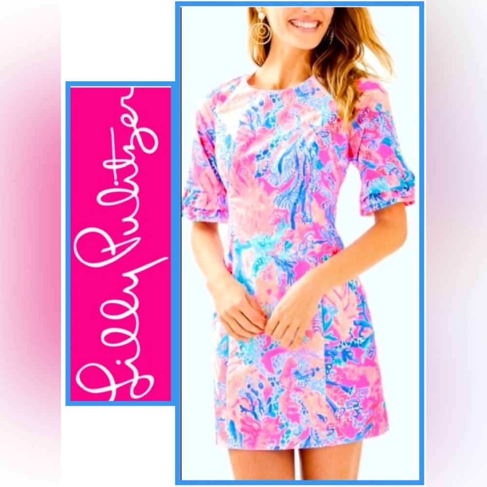 LILLY PULITZER Fiesta Sheath Pascha Hot Pink Aquadesiac Ruffle Dress
Size 0 - Picture 3 of 16